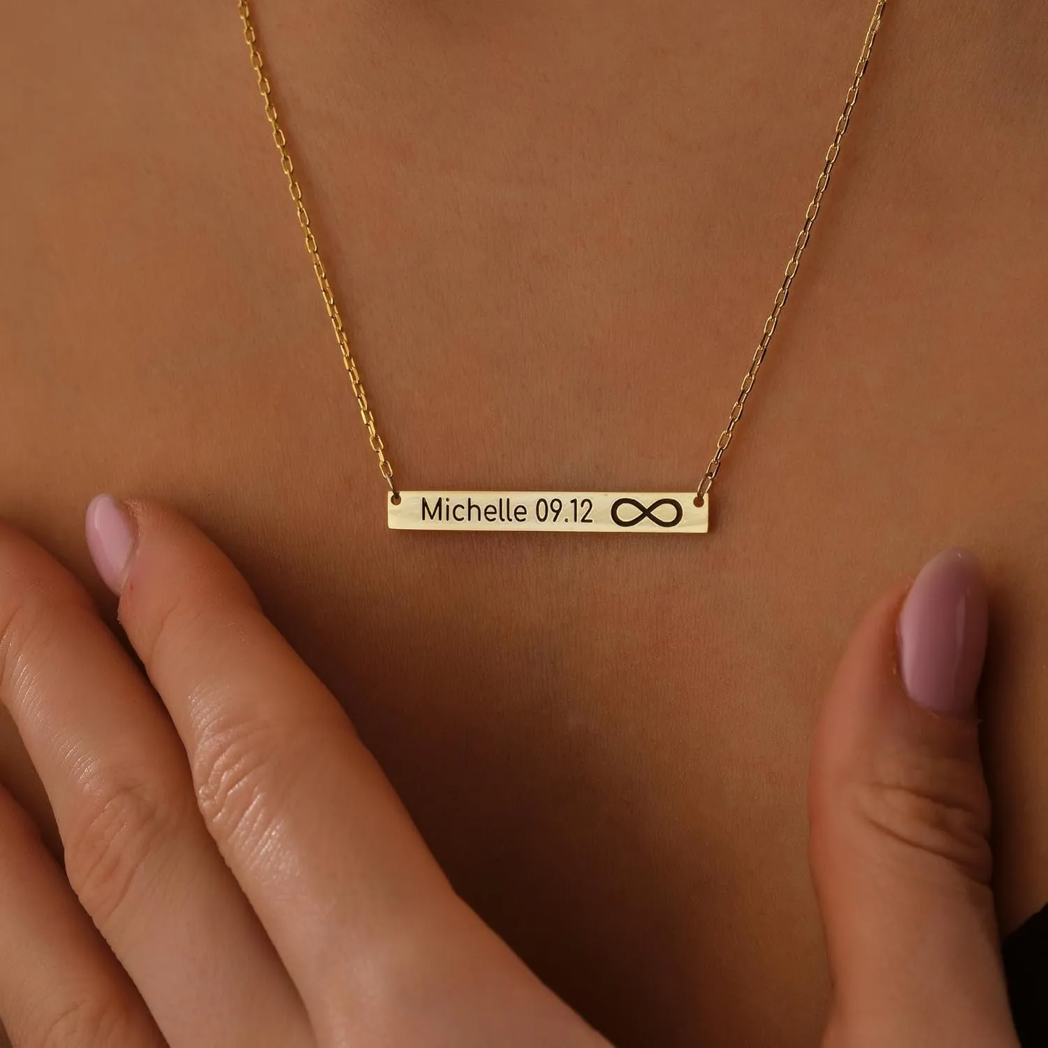 10k 14k Solid Gold Engraved Horizontal Bar Necklace, Personalized Bar Name Necklace, Custom Date Pendant For Women, Customizable Gift For Christmas (16, 14k Yellow Gold (Small))