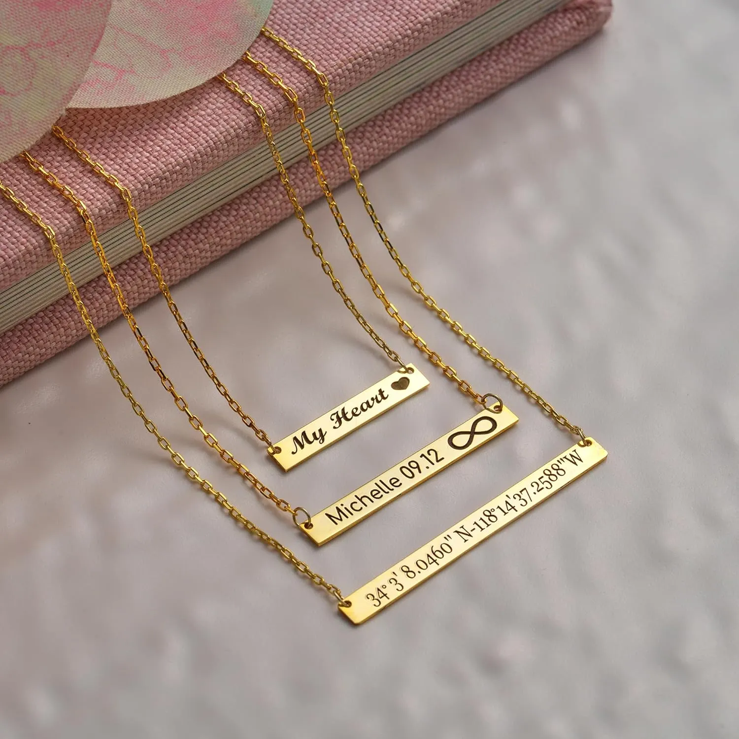 10k 14k Solid Gold Engraved Horizontal Bar Necklace, Personalized Bar Name Necklace, Custom Date Pendant For Women, Customizable Gift For Christmas (16, 14k Yellow Gold (Small))
