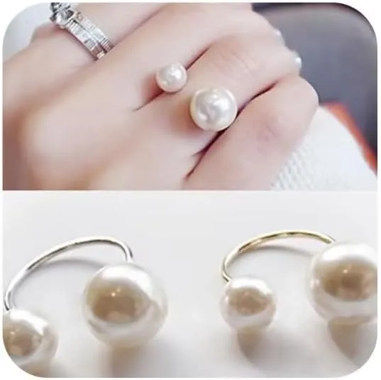 2 Pearl Ring Sterling Silver Double Pearls Rings for Women 925 Adjustable Open June Birthstone Rings - Stackable Midi & Knuckle Rings for Women, Trendy Open Band Gold/Silver Minimalist (Silver)
