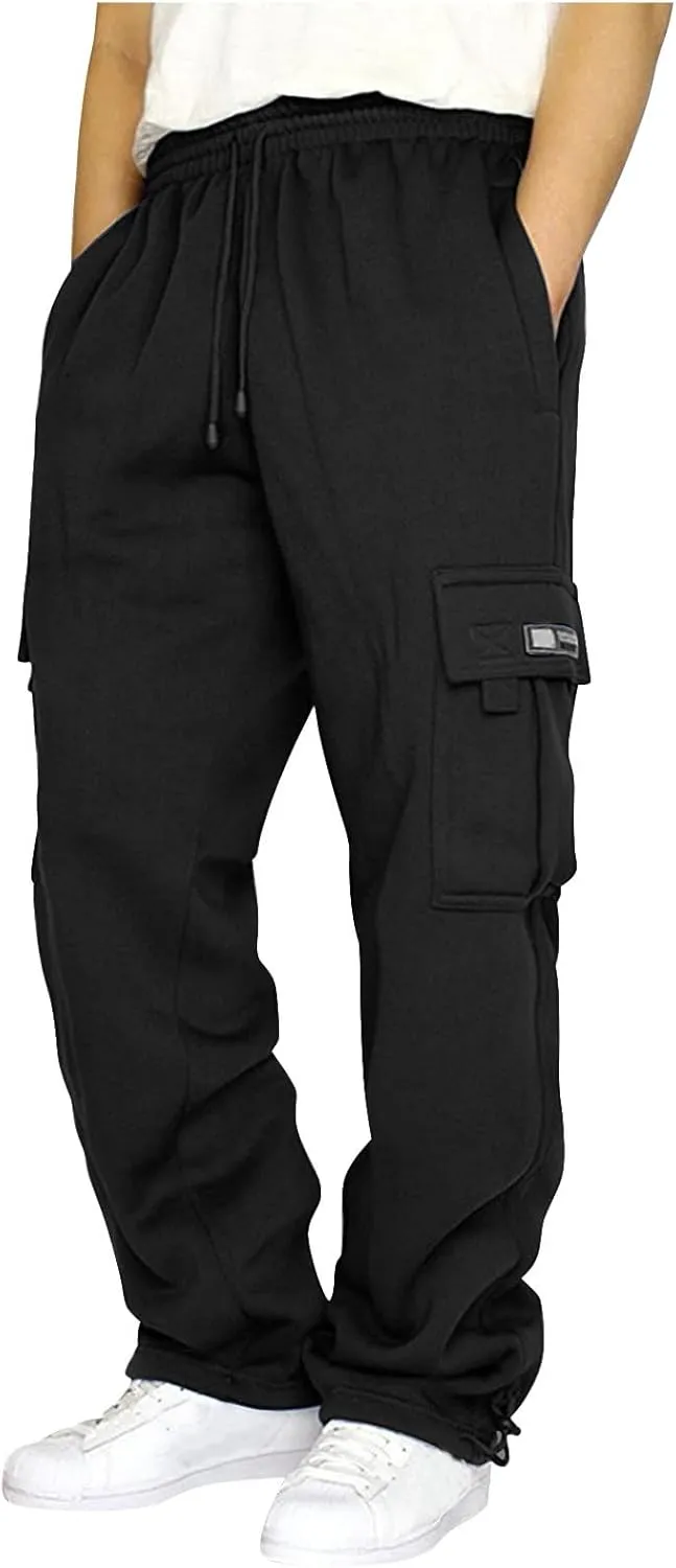 2024 Men's Heavyweight Fleece Cargo Sweatpants Stylish Stretch Elastic Waist Trousers Drawstring Loose Joggers Pants