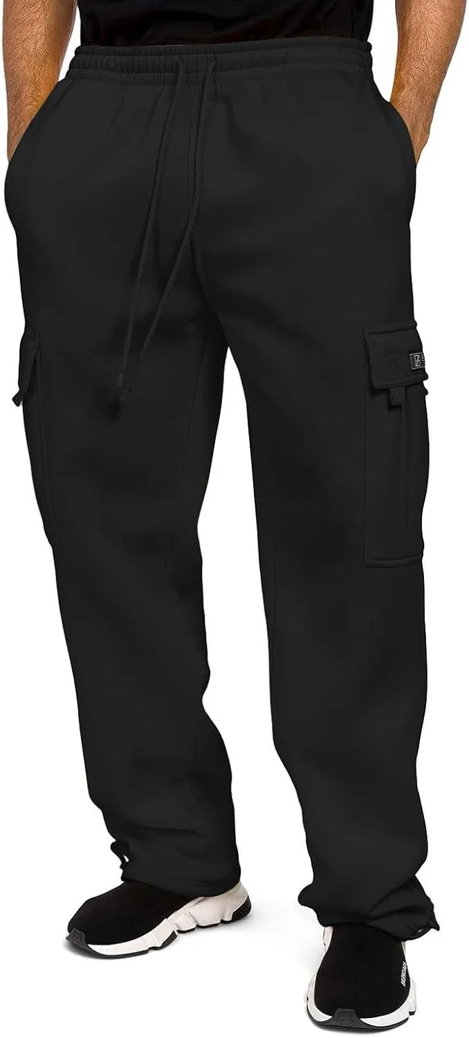 2024 Men's Heavyweight Fleece Cargo Sweatpants Stylish Stretch Elastic Waist Trousers Drawstring Loose Joggers Pants