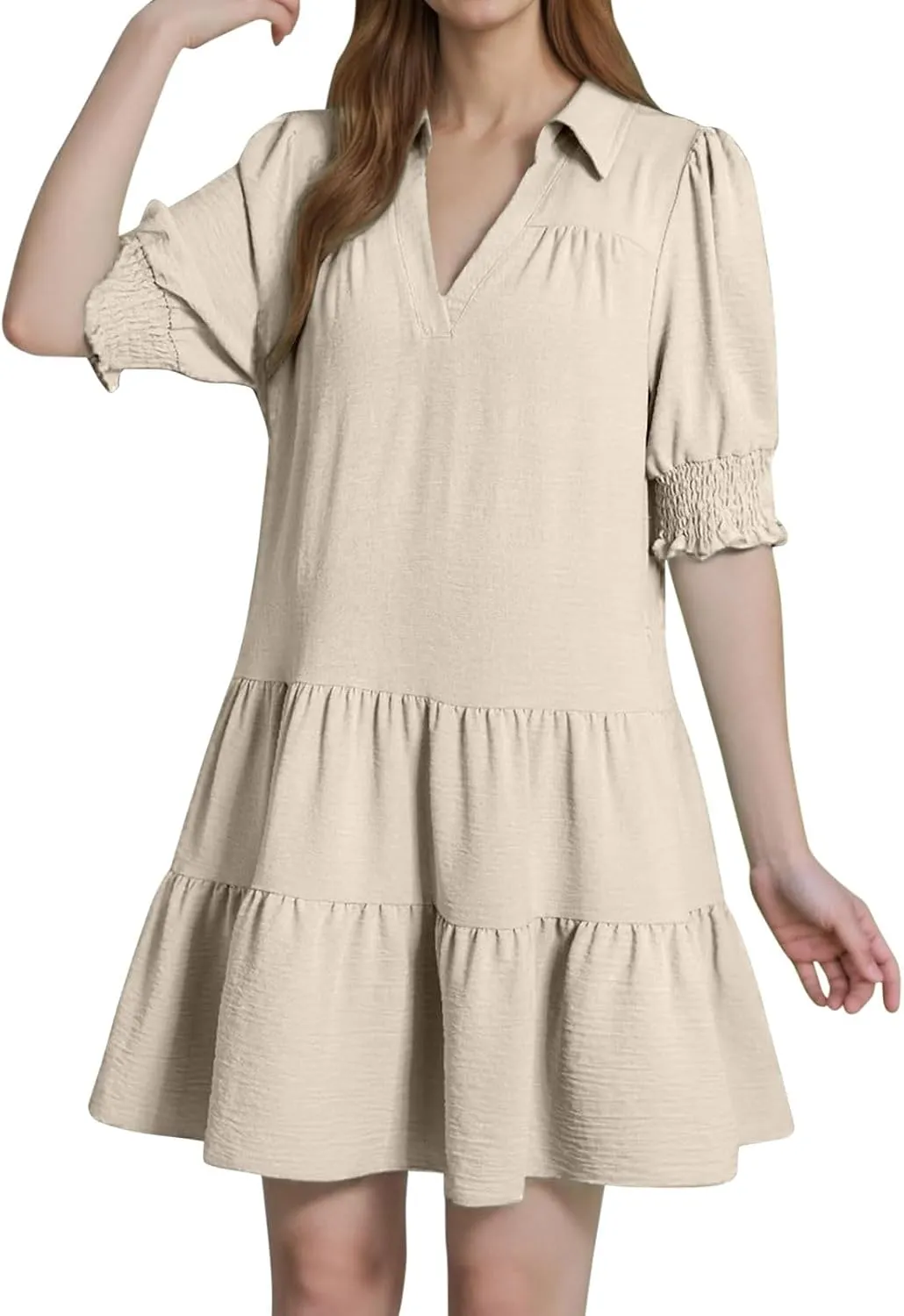 2025 Casual Dresses for Women Lapel Collared V Neck Mid Sleeved Pleated Summer Midi Dresses