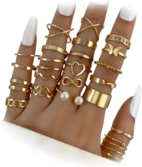 24Pcs Boho Gold/Black/Silver Stackable Kunckle Rings Set for Women, Statement Butterfly Heart Pearl Stacking Finger Ring Vintage Party Jewelry Gifts