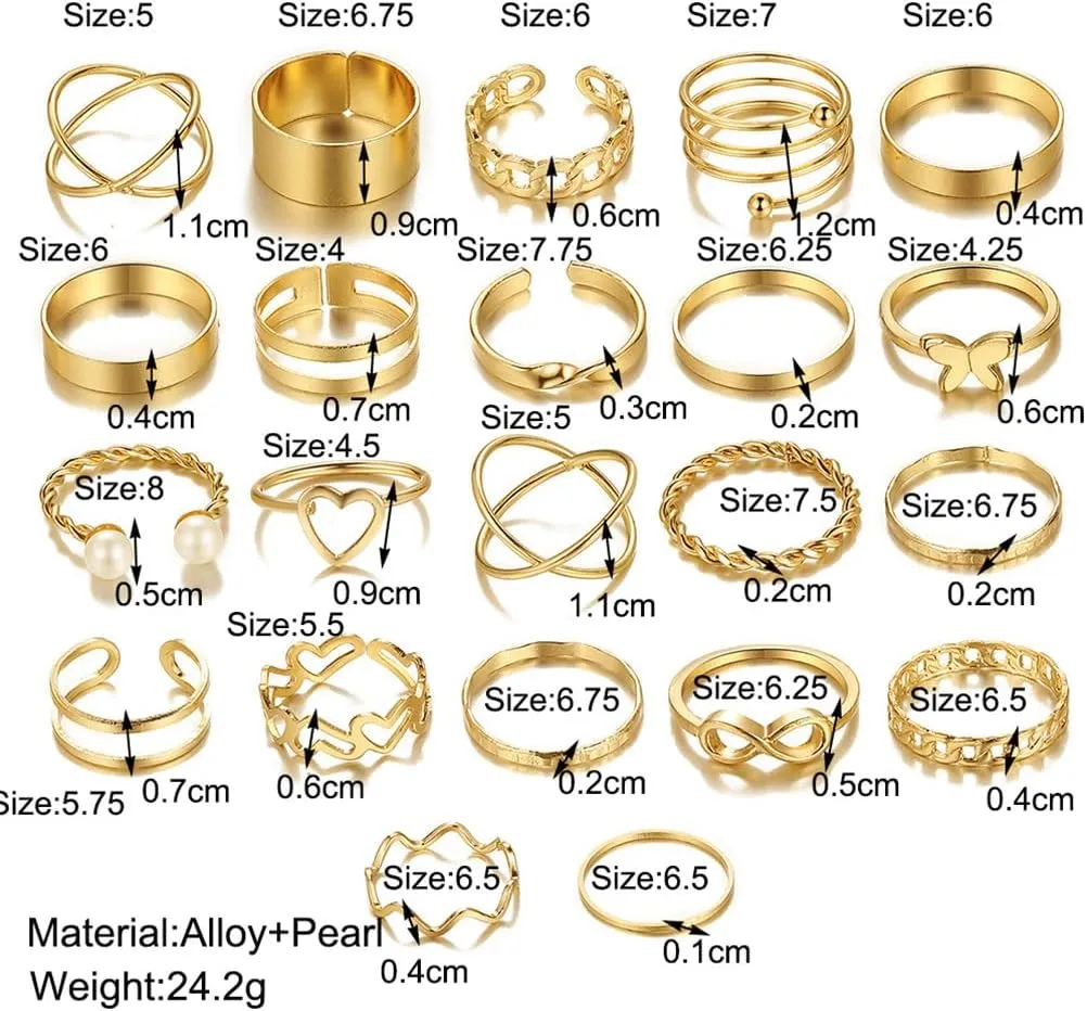 24Pcs Boho Gold/Black/Silver Stackable Kunckle Rings Set for Women, Statement Butterfly Heart Pearl Stacking Finger Ring Vintage Party Jewelry Gifts
