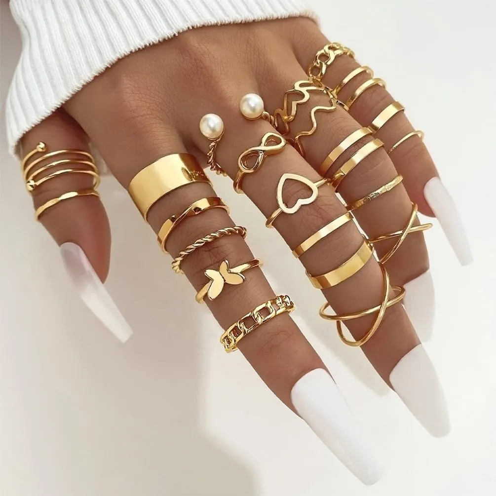 24Pcs Boho Gold/Black/Silver Stackable Kunckle Rings Set for Women, Statement Butterfly Heart Pearl Stacking Finger Ring Vintage Party Jewelry Gifts