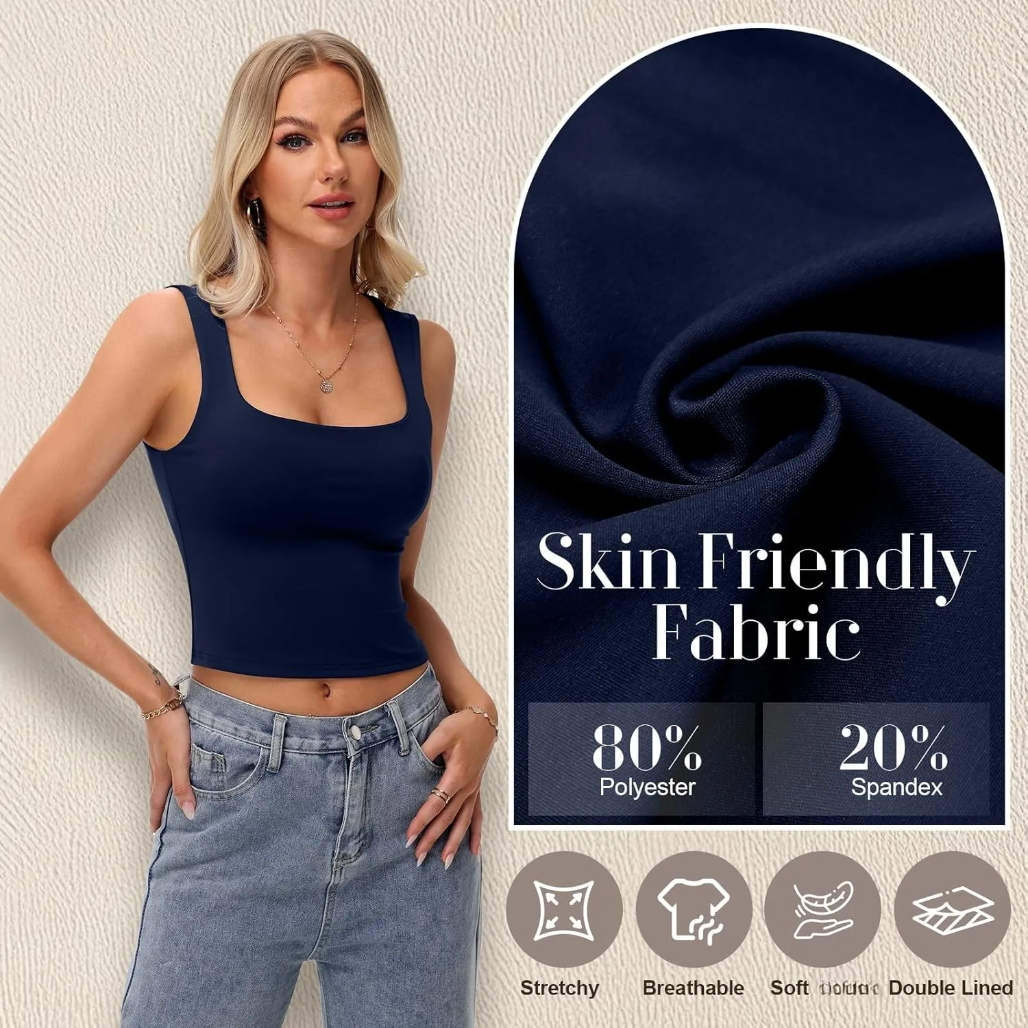 3 Pack Women's Square Neck Tank Tops Double Layer Slim Fit Basic Crop Tank Top Sexy Going Out Tops Camisole