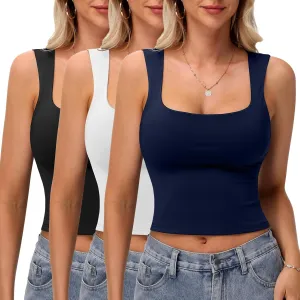 3 Pack Women's Square Neck Tank Tops Double Layer Slim Fit Basic Crop Tank Top Sexy Going Out Tops Camisole