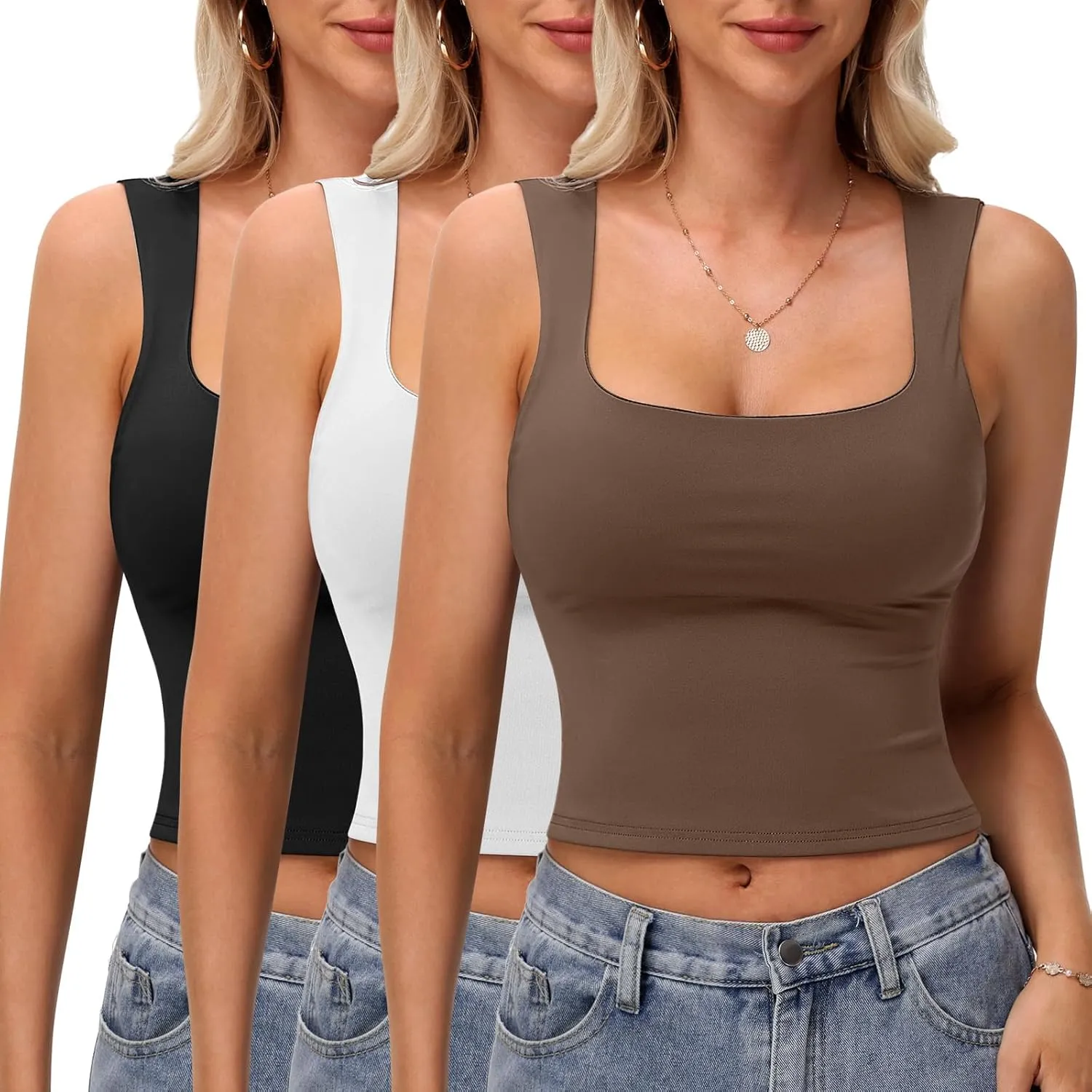 3 Pack Women's Square Neck Tank Tops Double Layer Slim Fit Basic Crop Tank Top Sexy Going Out Tops Camisole