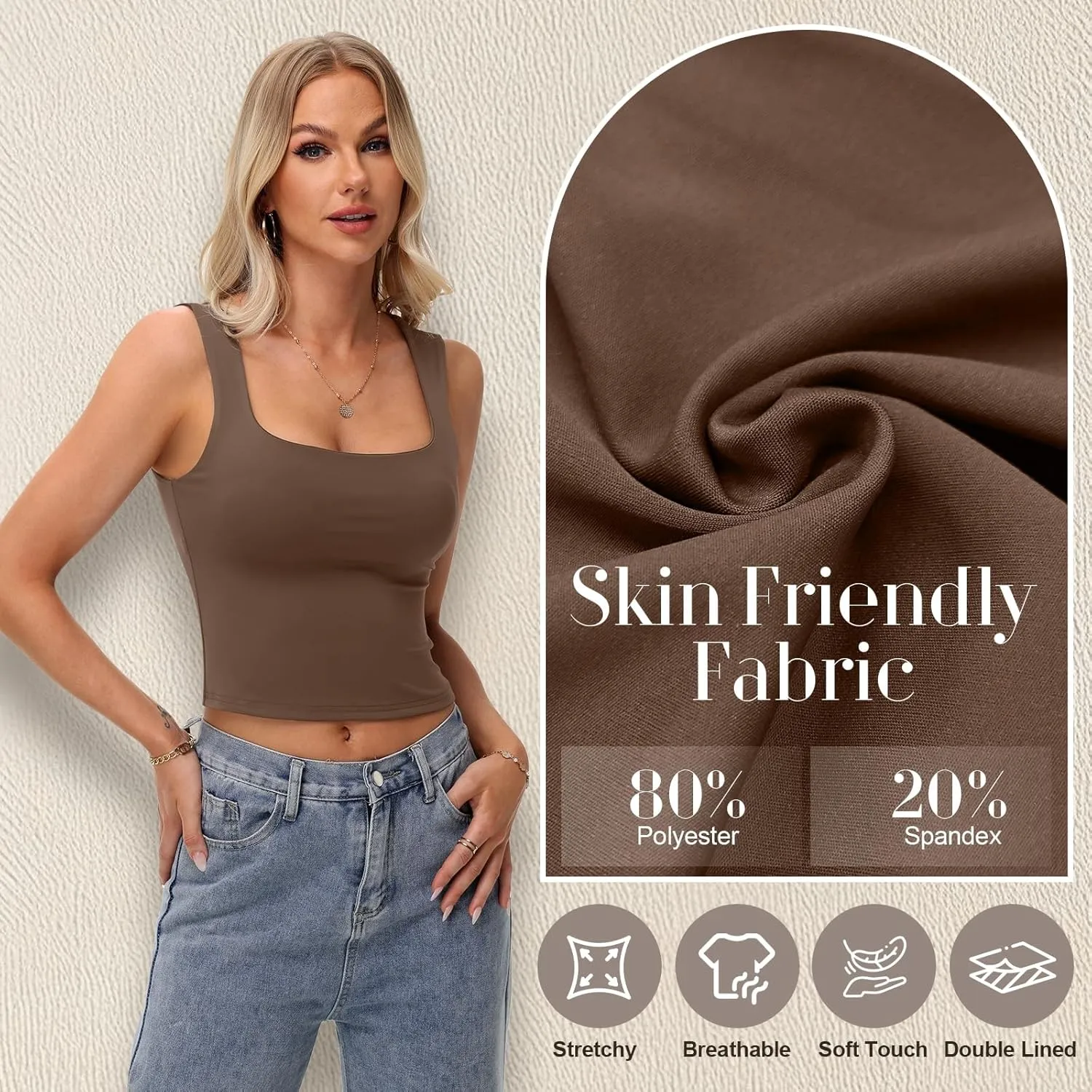 3 Pack Women's Square Neck Tank Tops Double Layer Slim Fit Basic Crop Tank Top Sexy Going Out Tops Camisole