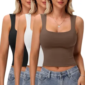 3 Pack Women's Square Neck Tank Tops Double Layer Slim Fit Basic Crop Tank Top Sexy Going Out Tops Camisole