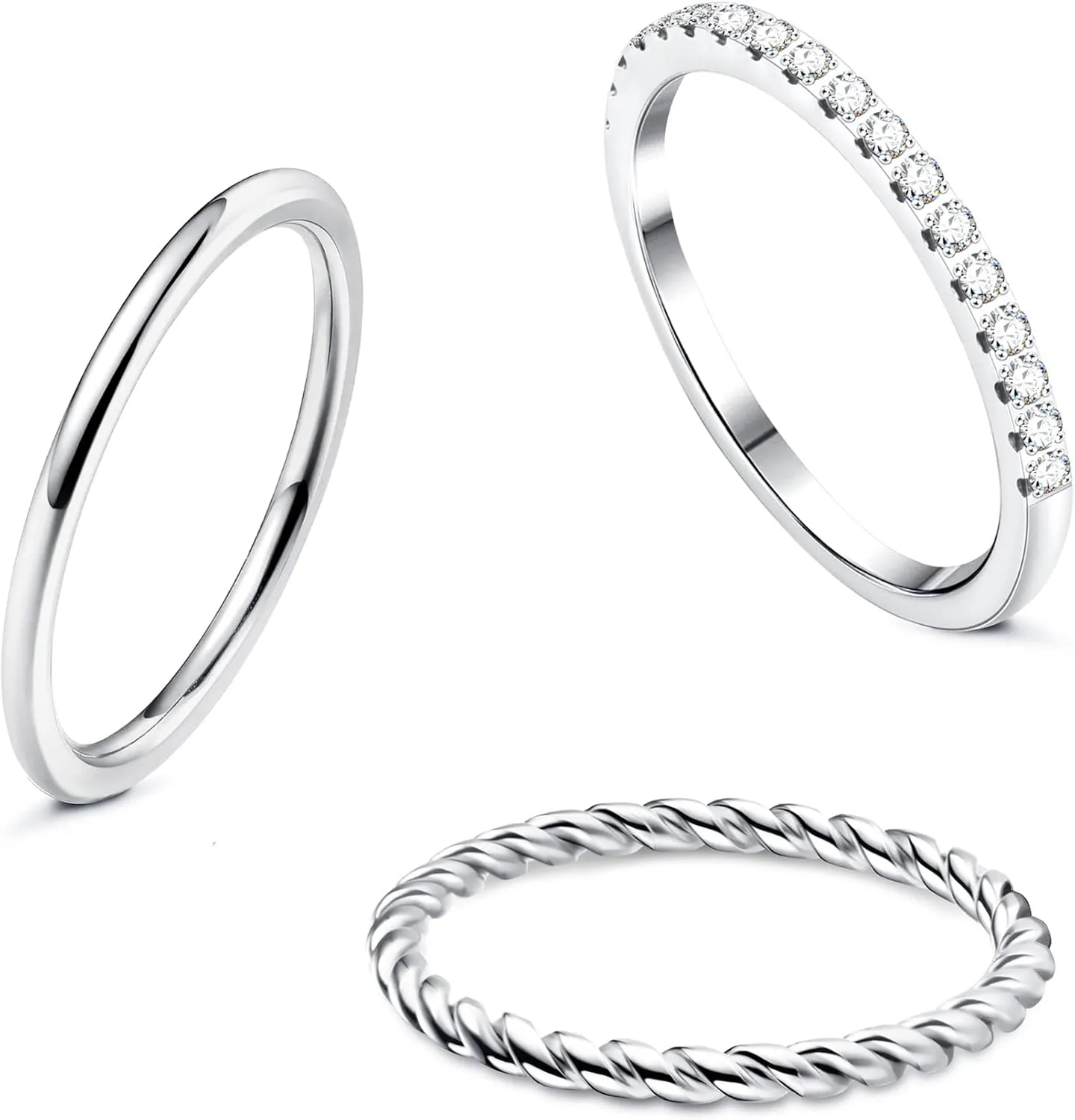 3Pcs CZ Stacking Rings for Women Stainless Steel Twisted Midi Knuckle Ring CZ Wedding Band Ring Minimalist Thin Stackable Rings Comfort Fit Size 6-10