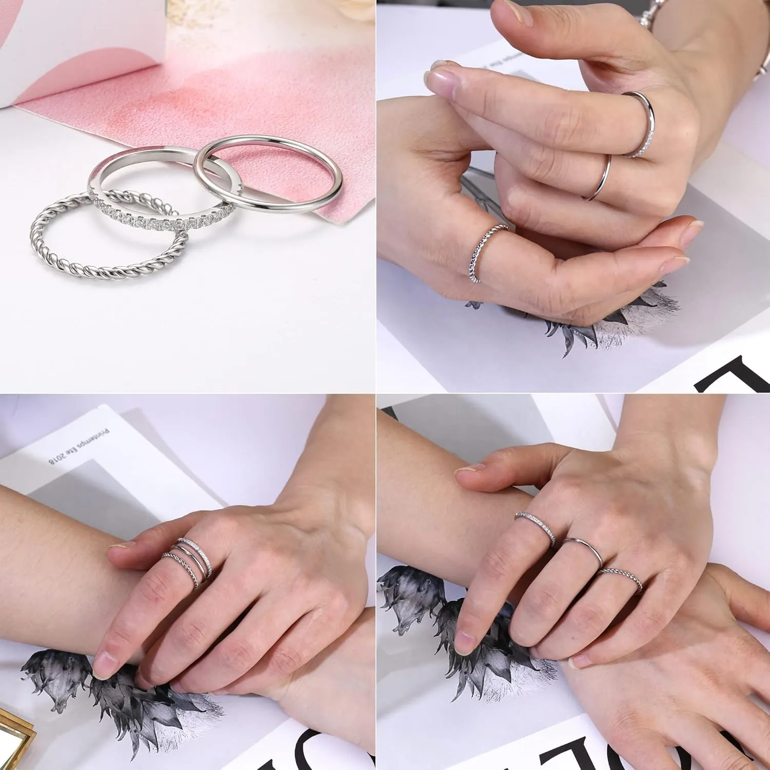 3Pcs CZ Stacking Rings for Women Stainless Steel Twisted Midi Knuckle Ring CZ Wedding Band Ring Minimalist Thin Stackable Rings Comfort Fit Size 6-10
