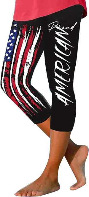 4th of July Capri Leggings for Women Plus Size Summer High Waist American Flag Yoga Pants Patriotic Cropped Trousers