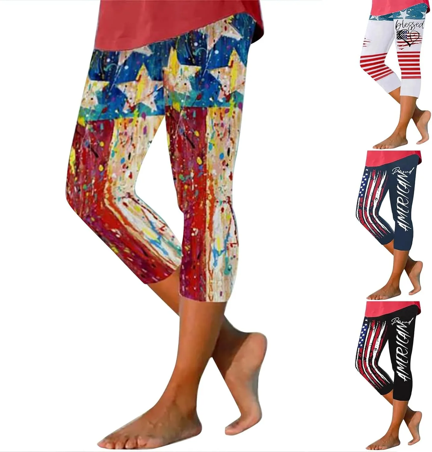 4th of July Capri Leggings for Women Plus Size Summer High Waist American Flag Yoga Pants Patriotic Cropped Trousers