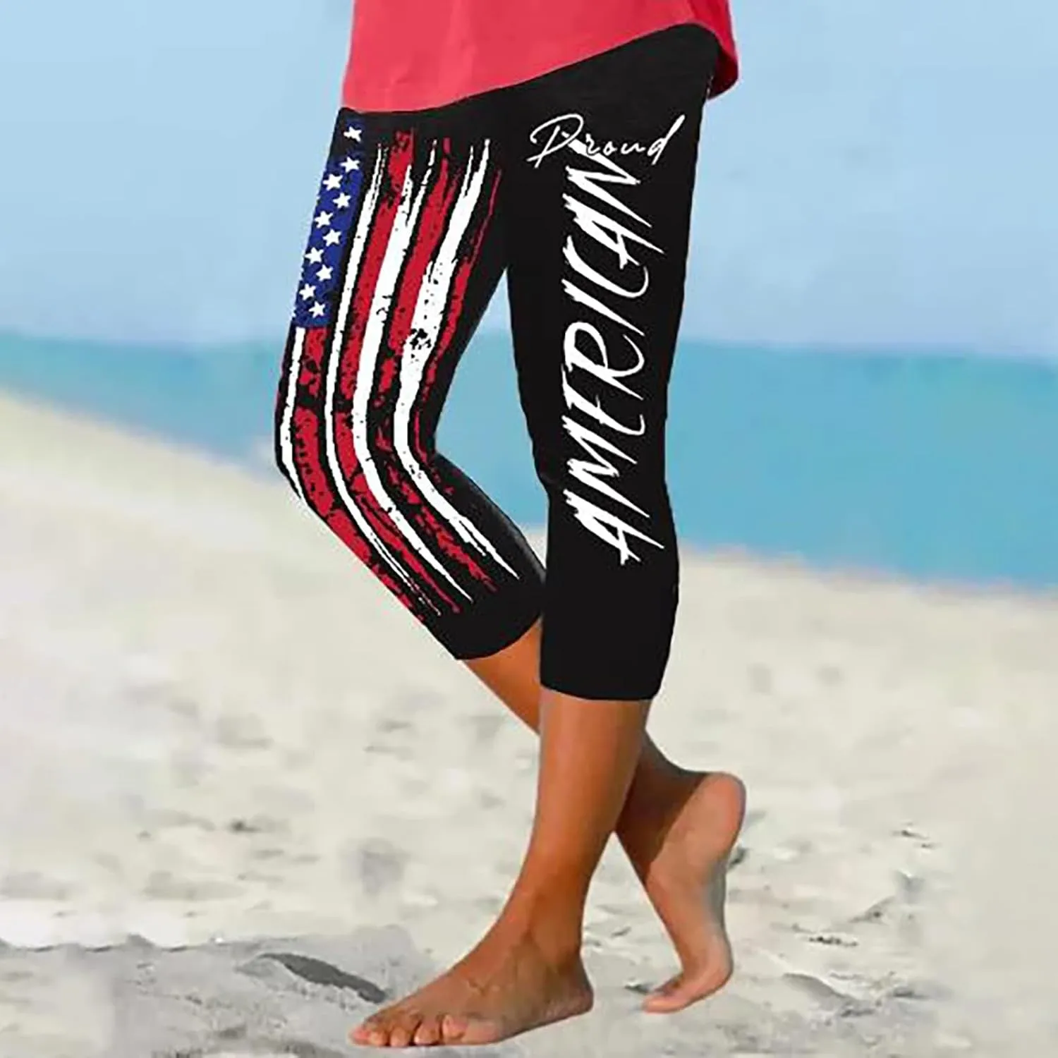 4th of July Capri Leggings for Women Plus Size Summer High Waist American Flag Yoga Pants Patriotic Cropped Trousers