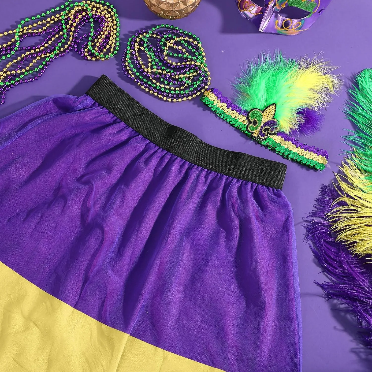 5 Pcs Mardi Gras Costume Accessory Set Skirts Mesh Long Skirt Mardi Gras Feather Headband Beads Necklace