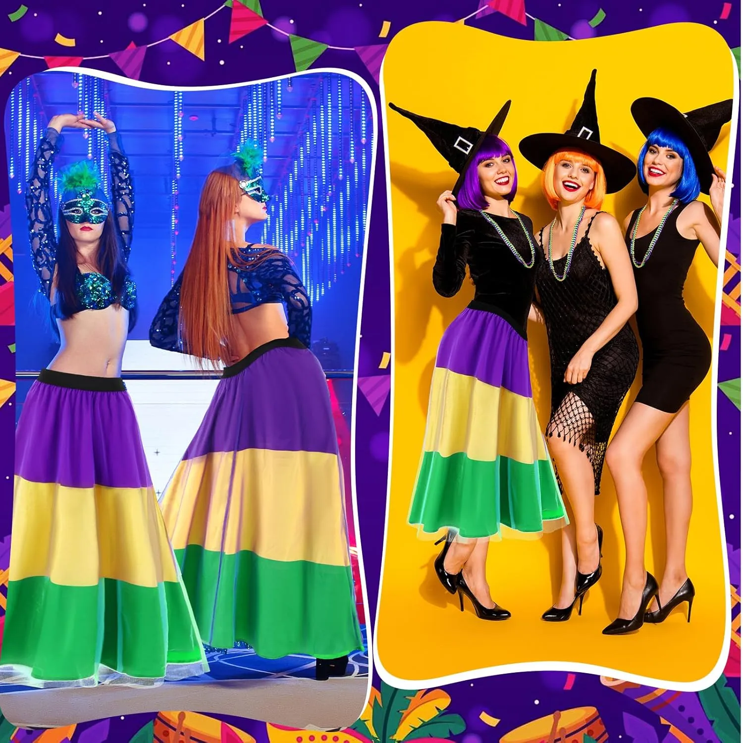5 Pcs Mardi Gras Costume Accessory Set Skirts Mesh Long Skirt Mardi Gras Feather Headband Beads Necklace