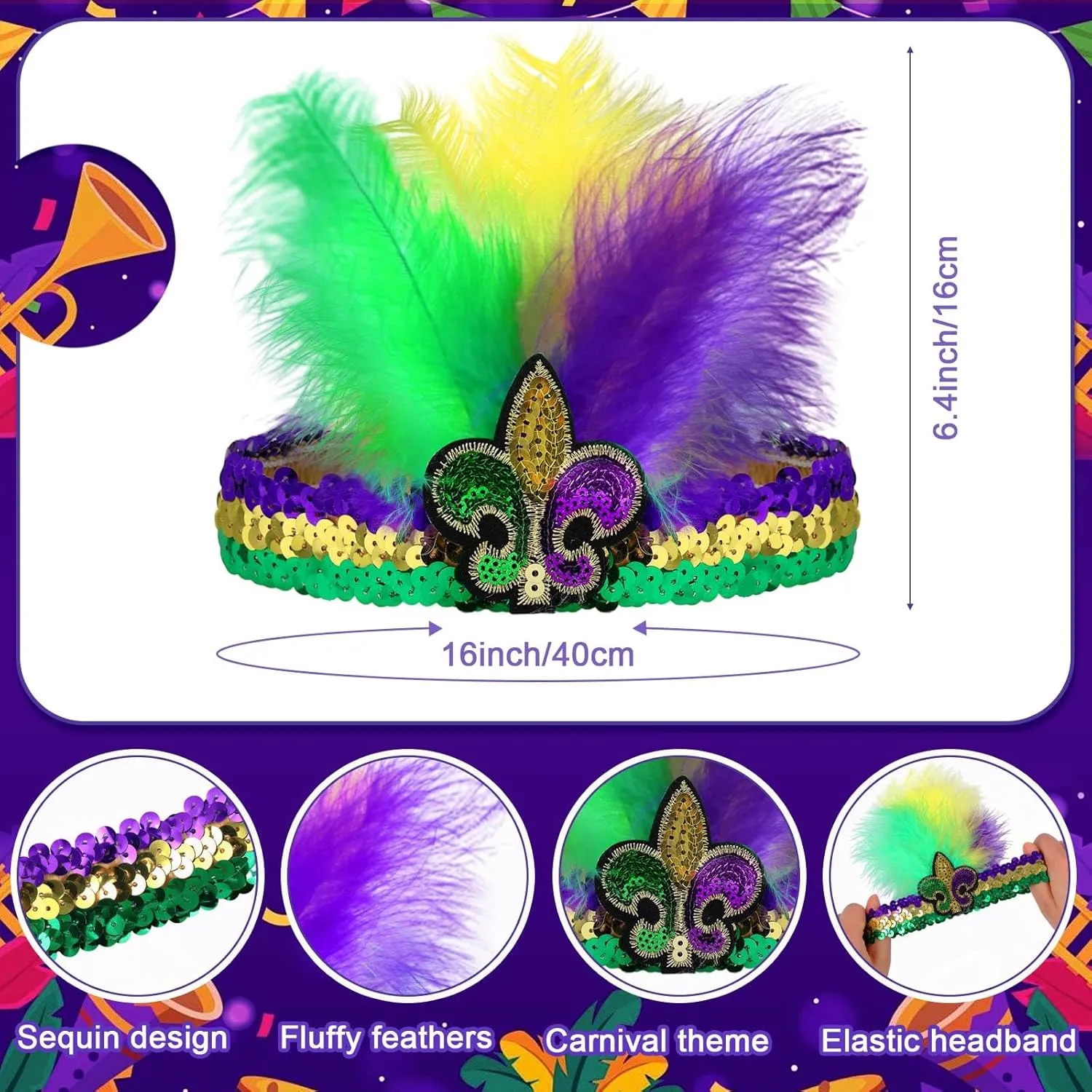 5 Pcs Mardi Gras Costume Accessory Set Skirts Mesh Long Skirt Mardi Gras Feather Headband Beads Necklace