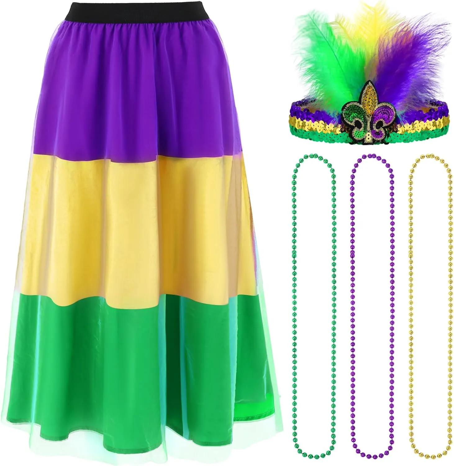 5 Pcs Mardi Gras Costume Accessory Set Skirts Mesh Long Skirt Mardi Gras Feather Headband Beads Necklace