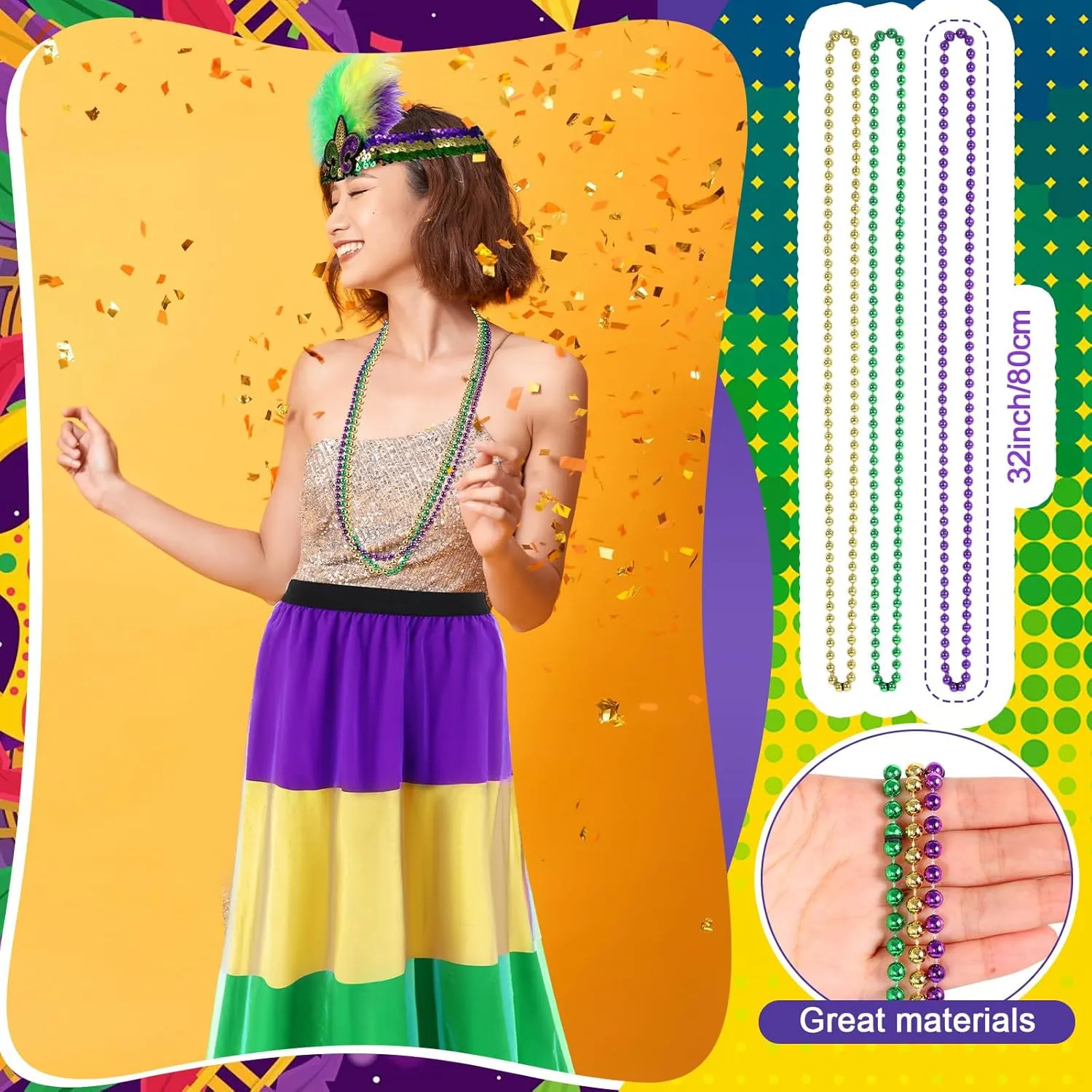 5 Pcs Mardi Gras Costume Accessory Set Skirts Mesh Long Skirt Mardi Gras Feather Headband Beads Necklace