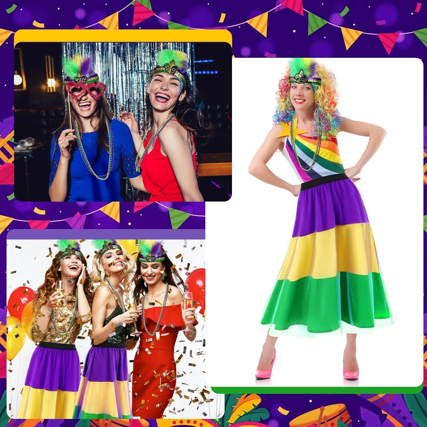 5 Pcs Mardi Gras Costume Accessory Set Skirts Mesh Long Skirt Mardi Gras Feather Headband Beads Necklace