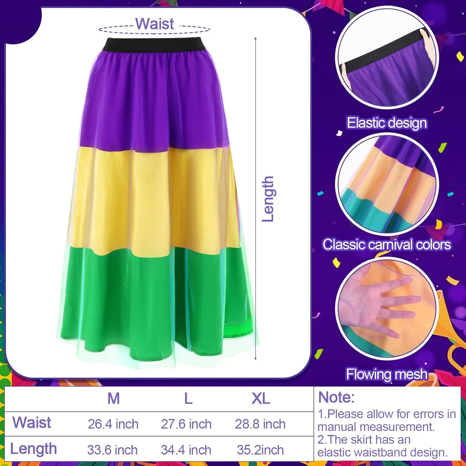 5 Pcs Mardi Gras Costume Accessory Set Skirts Mesh Long Skirt Mardi Gras Feather Headband Beads Necklace