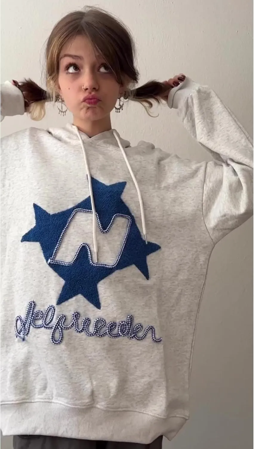 Aelfric Eden Y2k Hoodie Women Graphic Oversized Hoodies Star Embroidered Hoodied Sweatshirt Casual Vintage Pullover
