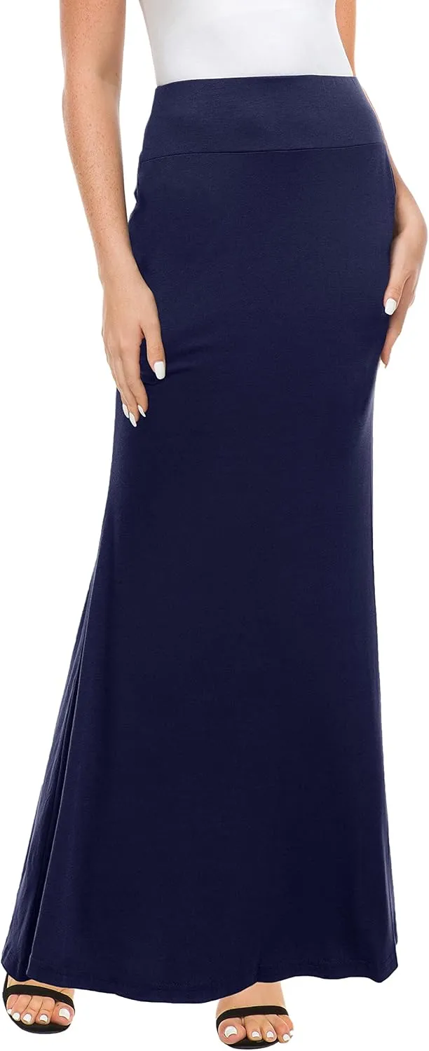 Afibi Women's Fold Over High Waisted Floor Length Maxi Flare Skirt with Pockets