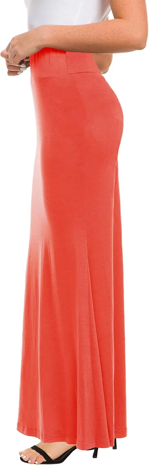Afibi Women's Fold Over High Waisted Floor Length Maxi Flare Skirt with Pockets