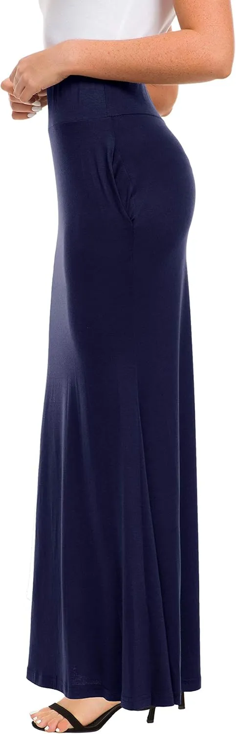 Afibi Women's Fold Over High Waisted Floor Length Maxi Flare Skirt with Pockets