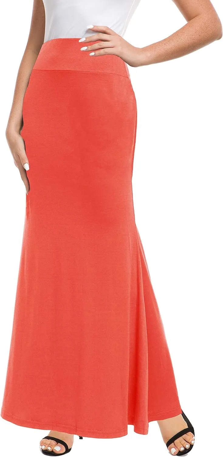 Afibi Women's Fold Over High Waisted Floor Length Maxi Flare Skirt with Pockets