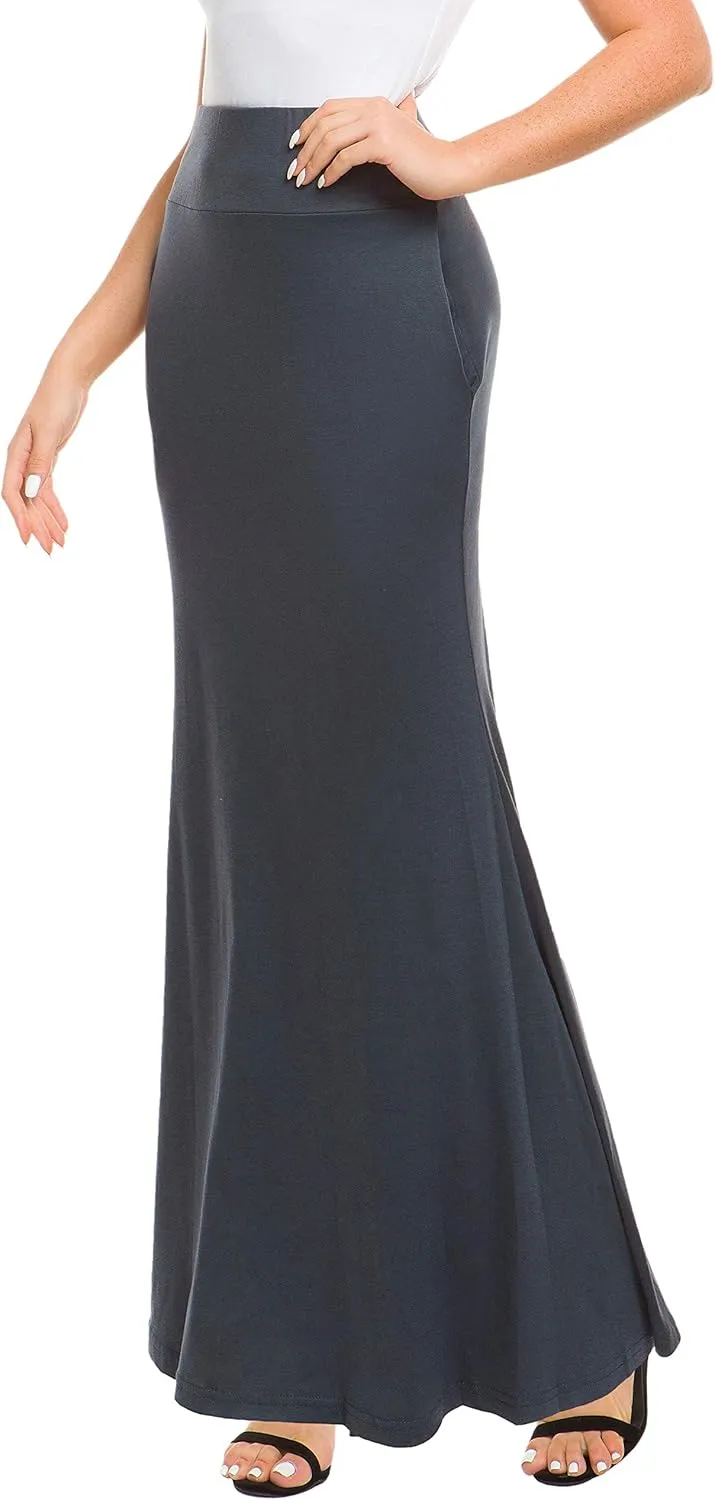 Afibi Women's Fold Over High Waisted Floor Length Maxi Flare Skirt with Pockets