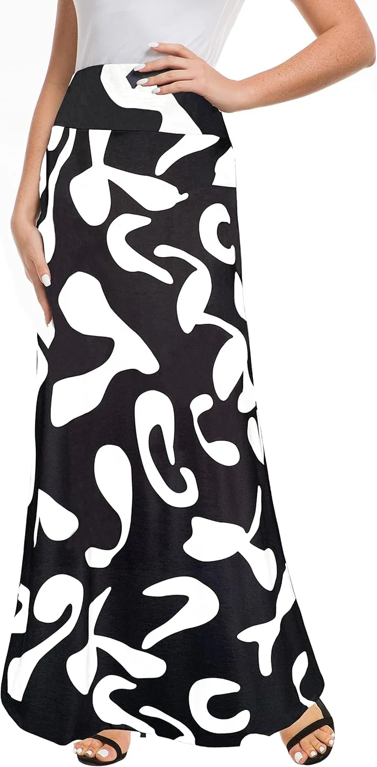 Afibi Women's Fold Over High Waisted Floor Length Maxi Flare Skirt with Pockets