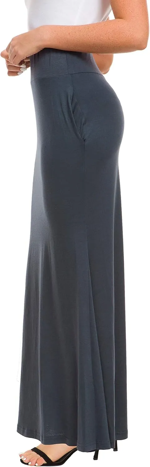 Afibi Women's Fold Over High Waisted Floor Length Maxi Flare Skirt with Pockets
