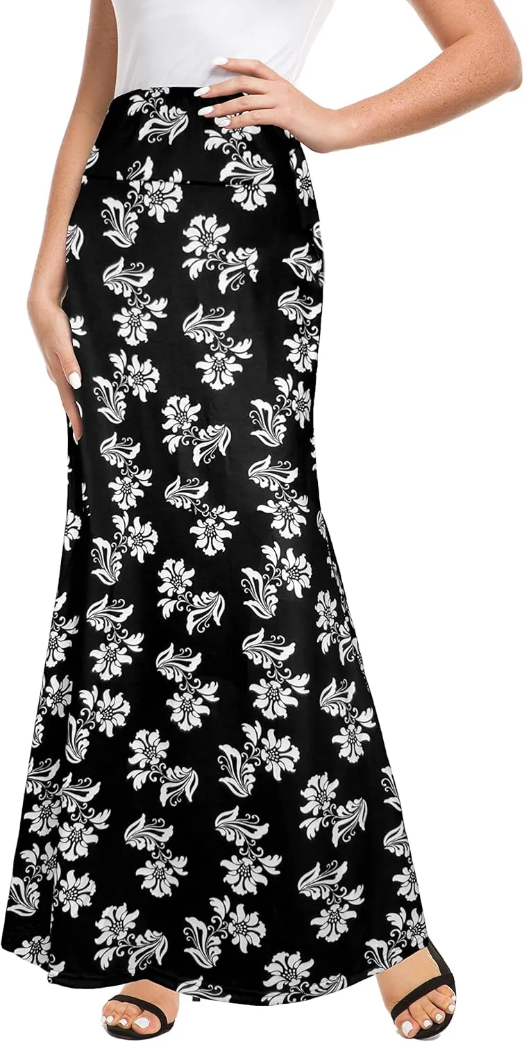 Afibi Women's Fold Over High Waisted Floor Length Maxi Flare Skirt with Pockets