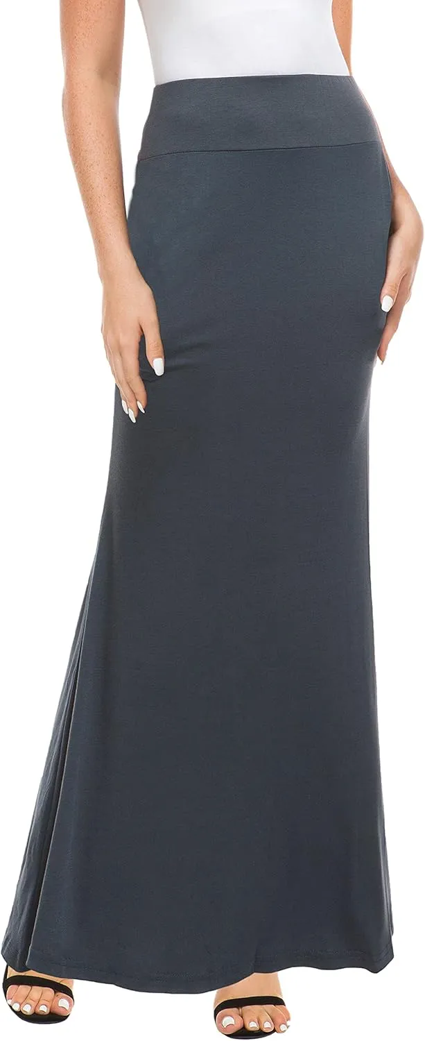 Afibi Women's Fold Over High Waisted Floor Length Maxi Flare Skirt with Pockets
