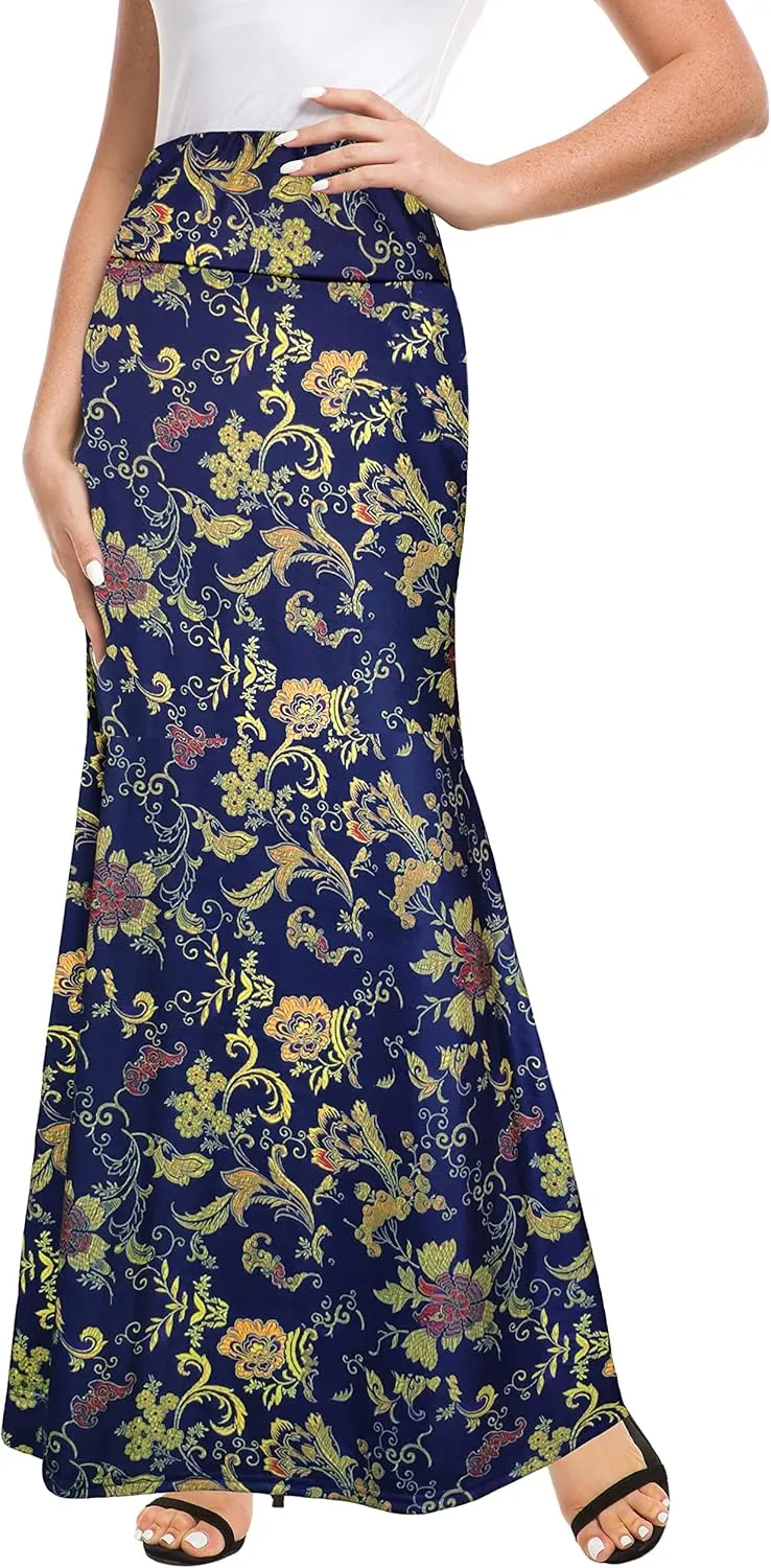 Afibi Women's Fold Over High Waisted Floor Length Maxi Flare Skirt with Pockets