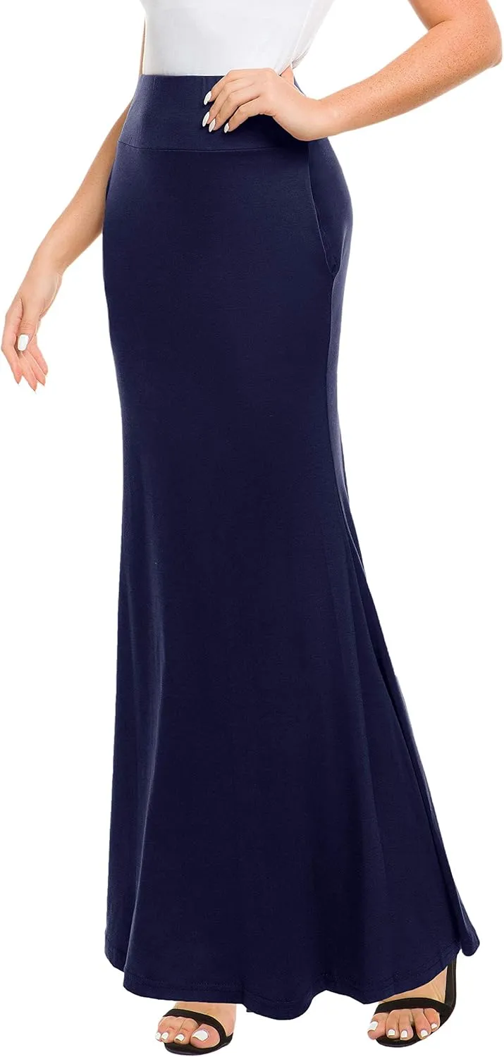 Afibi Women's Fold Over High Waisted Floor Length Maxi Flare Skirt with Pockets