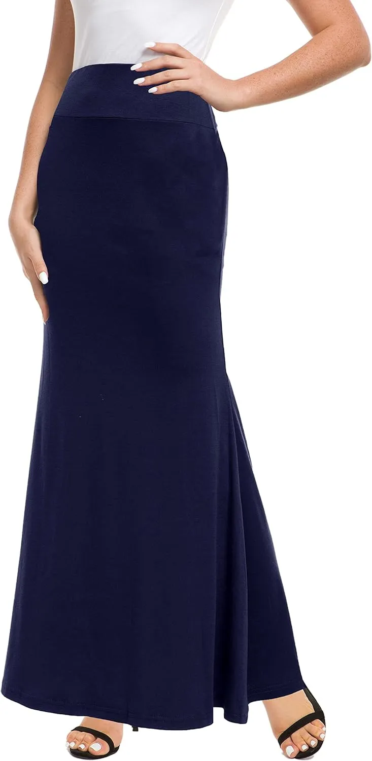 Afibi Women's Fold Over High Waisted Floor Length Maxi Flare Skirt with Pockets