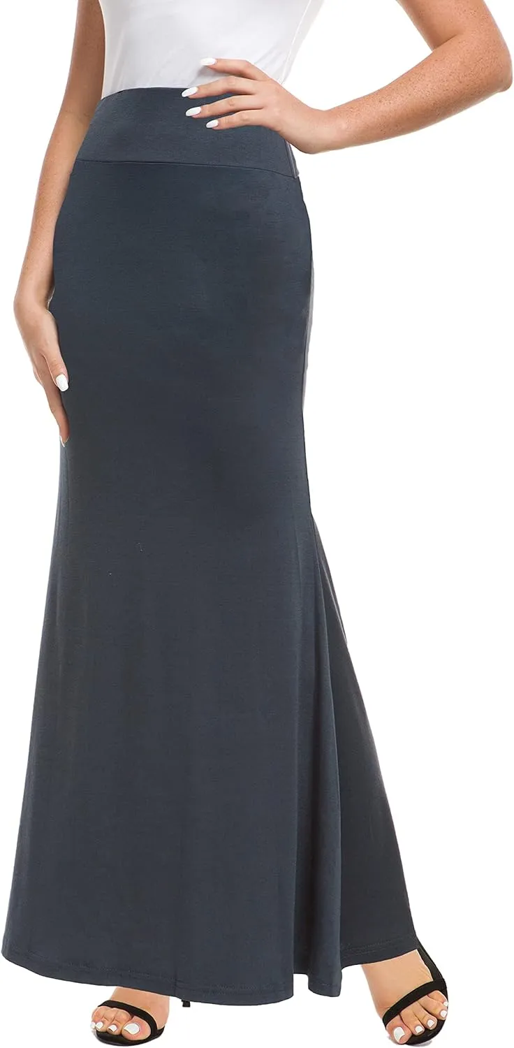 Afibi Women's Fold Over High Waisted Floor Length Maxi Flare Skirt with Pockets