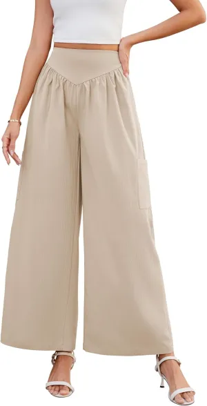 AMCLOS Women's Wide Leg Pants with 4 Pockets Business High Elastic Waist Trousers Loose Casual Trendy Work Lounge