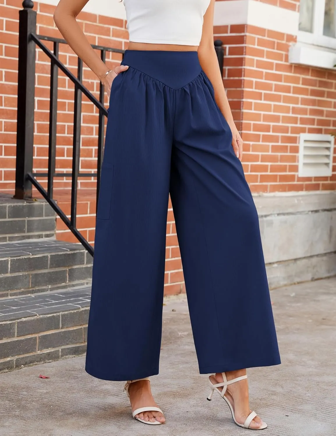 AMCLOS Women's Wide Leg Pants with 4 Pockets Business High Elastic Waist Trousers Loose Casual Trendy Work Lounge