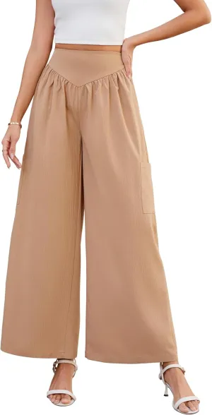 AMCLOS Women's Wide Leg Pants with 4 Pockets Business High Elastic Waist Trousers Loose Casual Trendy Work Lounge