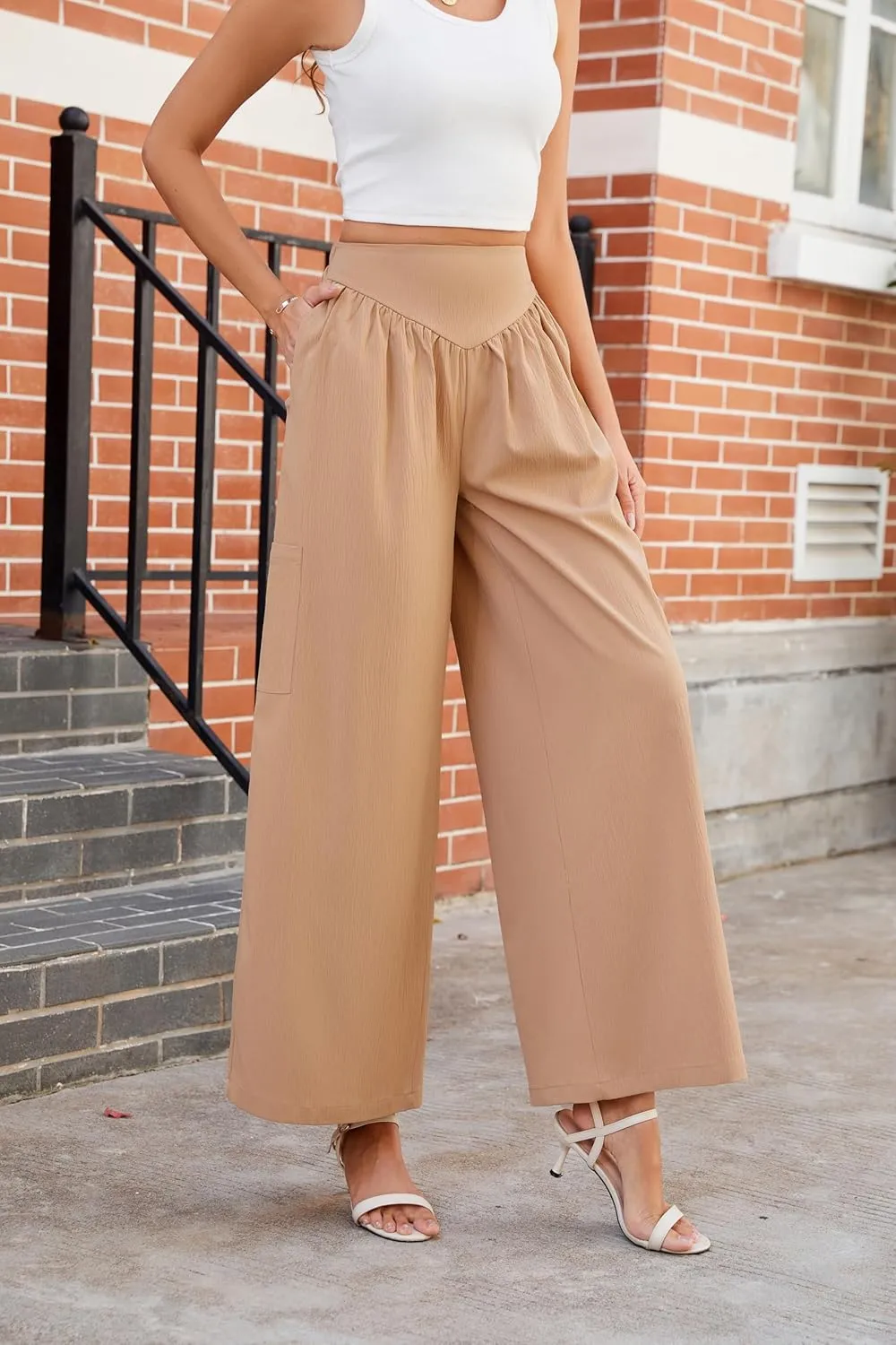 AMCLOS Women's Wide Leg Pants with 4 Pockets Business High Elastic Waist Trousers Loose Casual Trendy Work Lounge