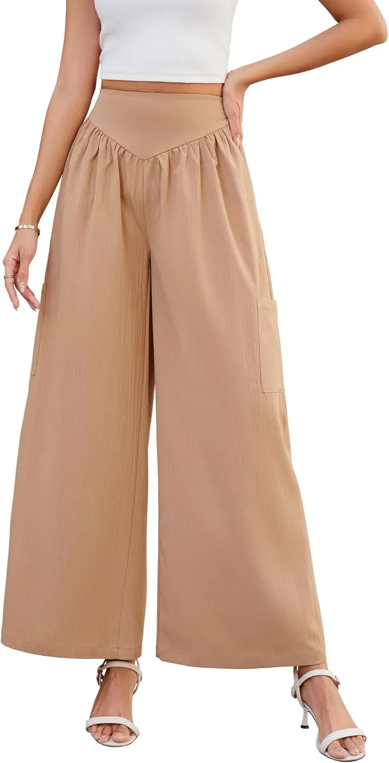 AMCLOS Women's Wide Leg Pants with 4 Pockets Business High Elastic Waist Trousers Loose Casual Trendy Work Lounge