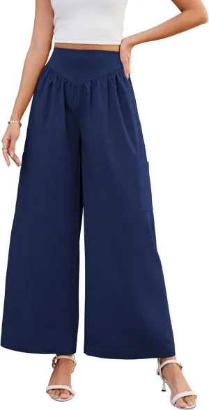 AMCLOS Women's Wide Leg Pants with 4 Pockets Business High Elastic Waist Trousers Loose Casual Trendy Work Lounge