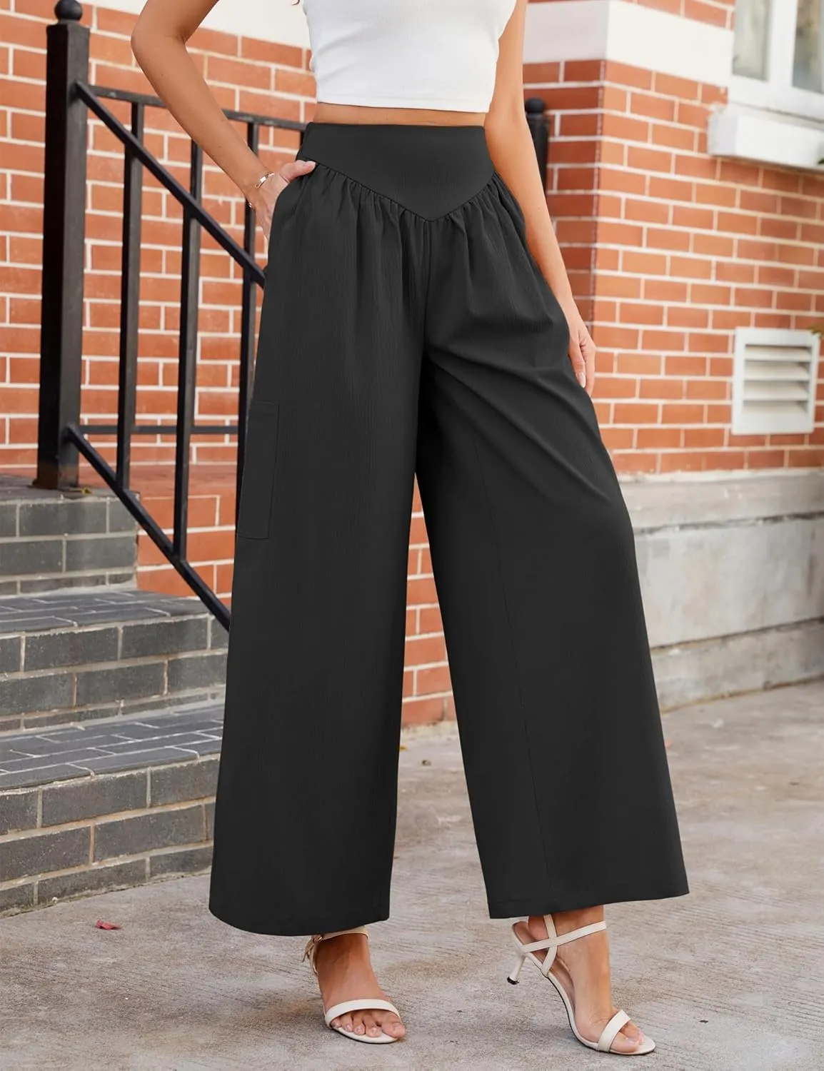 AMCLOS Women's Wide Leg Pants with 4 Pockets Business High Elastic Waist Trousers Loose Casual Trendy Work Lounge