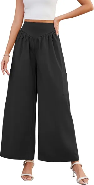 AMCLOS Women's Wide Leg Pants with 4 Pockets Business High Elastic Waist Trousers Loose Casual Trendy Work Lounge