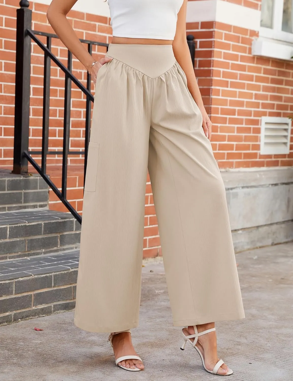 AMCLOS Women's Wide Leg Pants with 4 Pockets Business High Elastic Waist Trousers Loose Casual Trendy Work Lounge
