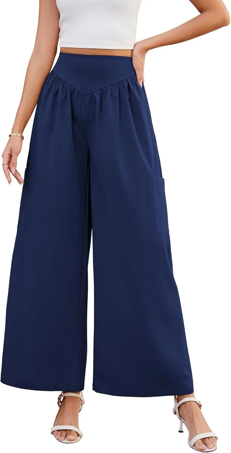 AMCLOS Women's Wide Leg Pants with 4 Pockets Business High Elastic Waist Trousers Loose Casual Trendy Work Lounge